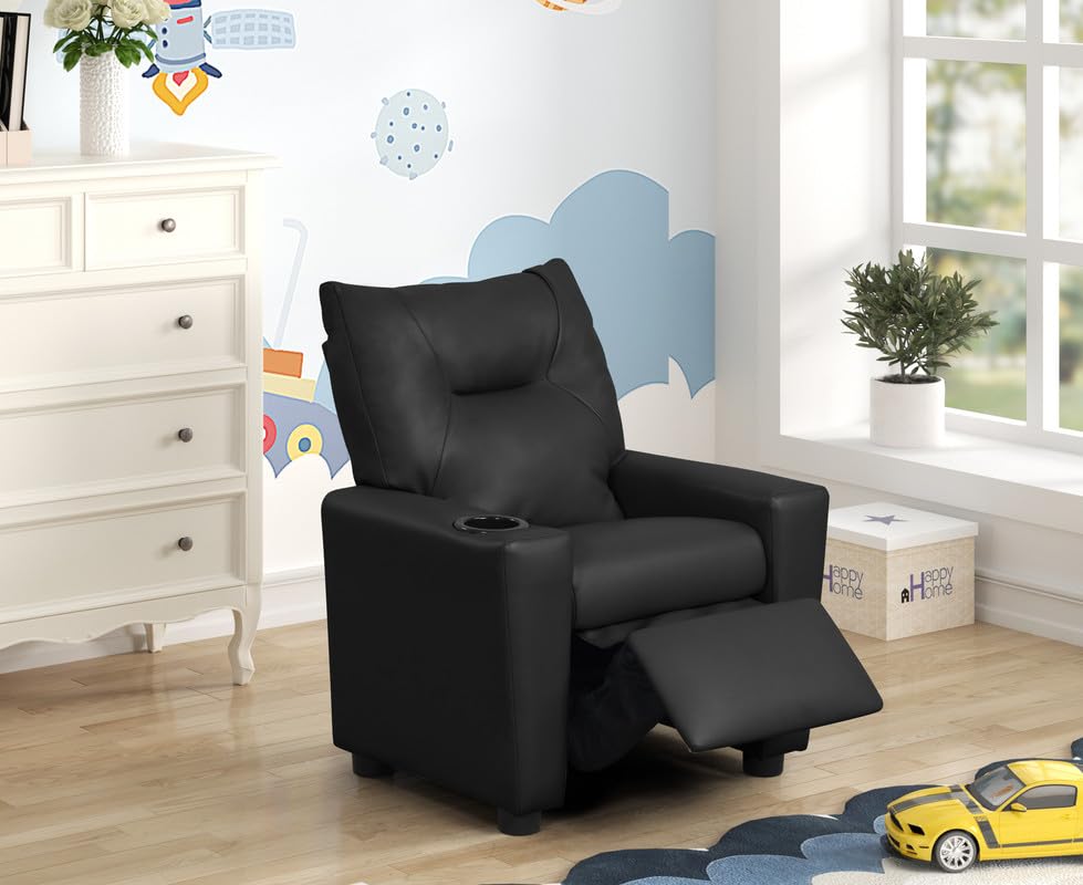 Lilola Home Perline 23" W Black PVC Fabric Kids Recliner Chair with Cupholder
